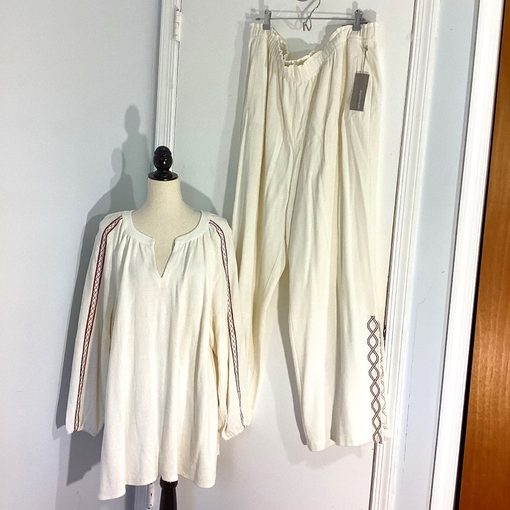 NWT SOFT SURROUNDINGS PLUS 3X MIRAGE SET(2) ECRU TOP WIDE LEG PANTS EMBROIDERY